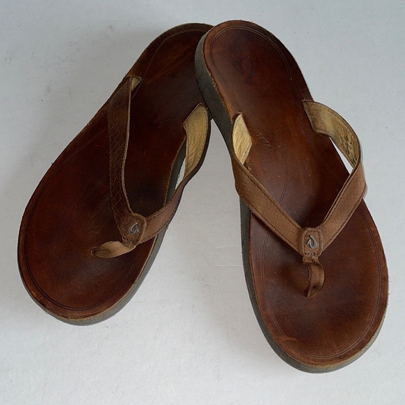 OluKai Shoes Olukai Brown Leather Toe Post Flip Flop Sandals Poshmark